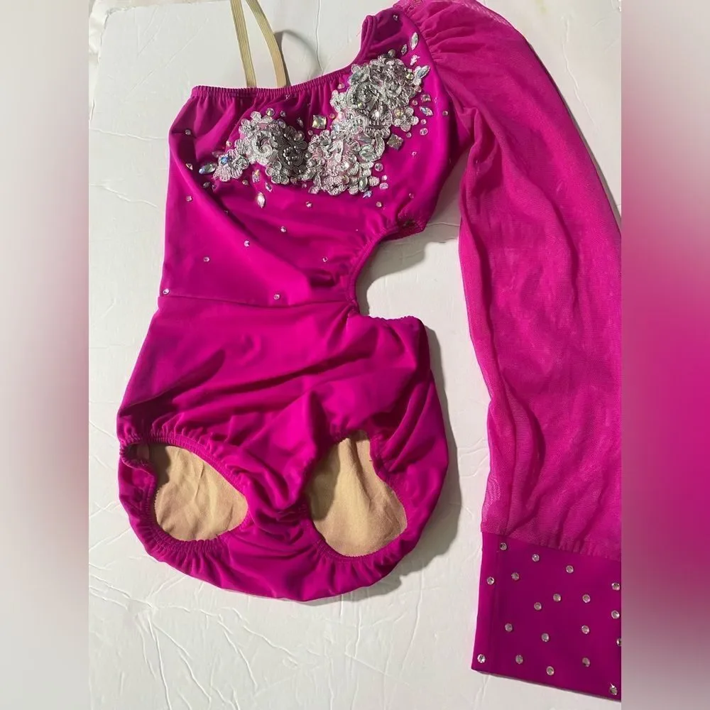 Custom made solo dance costume hot pink rhinestone illusion skirt LC child